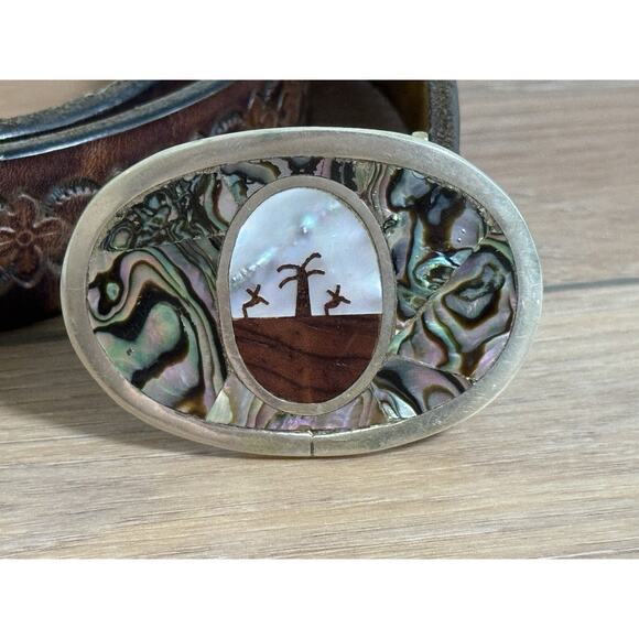 Vintage Mexican Tooled Silver & Abalone Women’s Belt Sz 28 Western Boho Artisan - Picture 2 of 15